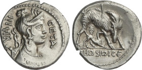 Denario. 68 a.C. HOSIDIA. C. Hosidius C.f. Geta. Anv.: Busto diademado de Diana con arco y carcaj a derecha, a su espalda: GETA-III VIR. Rev.: Jabalí ...