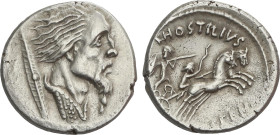 Denario. 48 a.C. HOSTILIA. L. Hostilius Saserna. Anv.: Cabeza de Vercingetorix a derecha, detrás escudo galo. Rev.: Guerrero en biga a derecha con hom...