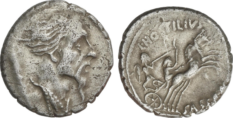 Denario. 48 a.C. HOSTILIA. L. Hostilius Saserna. Anv.: Cabeza de Vercingetorix a...