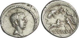 Denario. 42 a.C. LIVINEIA. L. Livineius Regulus. Anv.: Cabeza de Lucius Livineius a derecha. Rev.: Dos gladiadores luchando contra león, tigre y jabal...