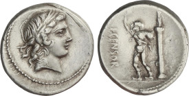 Denario. 88 a.C. MARCIA. L. Marcius Censorinus. Anv.: Cabeza de Apolo a derecha. Rev.: Sátiro Marsyas en pie a izquierda, detrás estatua sobre una col...