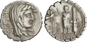 Denario. 81 a.C. POSTUMIA. A. Postumius A.f. Sp.n. Albinus. Anv.: Cabeza de Hispania a derecha, detrás HISPAN. Rev.: Personaje togado de pie a izquier...