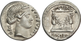 Denario. 62 a.C. SCRIBONIA. L. Scribonius Libo. Anv.: LIBO-BON EVENT. Cabeza diademada de Bonus Eventus a derecha. Rev.: Martillo debajo del pozo scri...