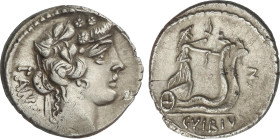 Denario. 48 a.C. VIBIA. C. Vibius C.f. C.n. Pansa. Anv.: Cabeza de Baco a derecha, detrás PANS(A). Rev.: Ceres en biga arrastrada por dos serpientes a...