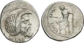 Denario. 48 a.C. VIBIA. C. Vibius C.f. C.n. Pansa. Anv.: Máscara de Pan a derecha, debajo PANSA. Rev.: Júpiter Axur sentado a izquierda con pátera y c...