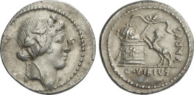 Denario. 
42 a.C. VIBIA. C. Vibius Varus. Anv.: Cabeza laureada de Baco a derecha. Rev.: Pantera a izquierda, intentando saltar sobre un altar donde ...