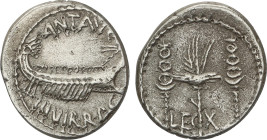 Denario. Acuñada el 32-31 a.C. MARCO ANTONIO. CECA VOLANTE. Anv.: ANT. AVG. III. VIR. R.P.C. Galera pretoriana a derecha. Rev.: LEG. X. Águila legiona...