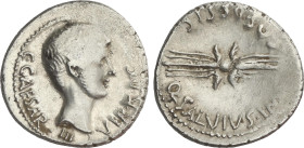 Denario. Acuñada el 40 a.C. OCTAVIO. Q. Salvidienus Salvius Rufus - CECA MILITAR PROVISIONAL. Anv.: C. CAESAR III. VIR. R.P.C. Busto de Octavio a dere...