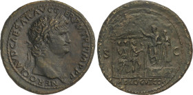 Sestercio. Acuñada el 54-68 d.C. NERÓN. Anv.: NERO CLAVD. CAESAR AVG.GERM. P. M. TR. P. IM P. P. P. Busto laureado a derecha. Rev.: ADLOCVT. COH. S. C...