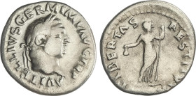 Denario. Acuñada el 69 d.C. VITELIO. Anv.: VITELLIVS GERM. IMP. AVG. TR. P. Cabeza laureada de Vitelio a derecha. Rev.: LIBERTAS RESTITVTA. Libertad e...