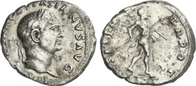 Denario. Acuñada el 69 d.C. VESPASIANO. Anv.: IMP. CAESAR VESPASIANVS AVG. Cabeza laureada a derecha. Rev.: COS. ITER. TR. POT. Marte avanzando a dere...