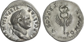 Denario. Acuñada el 74 d.C. VESPASIANO. Anv.: IMP. CAESAR. VESPASIANVS. Cabeza laureada a derecha. Rev.: PON. MAX. TR. P. COS. V. Caduceo alado. 3,70 ...
