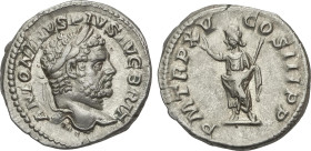 Denario. Acuñada el 212 d.C. CARACALLA. Anv.: ANTONINVS PIVS AVG. BRIT. Cabeza laureada a derecha con barba. Rev.: P. M. TR. P. XV COS. III P. P. Sera...