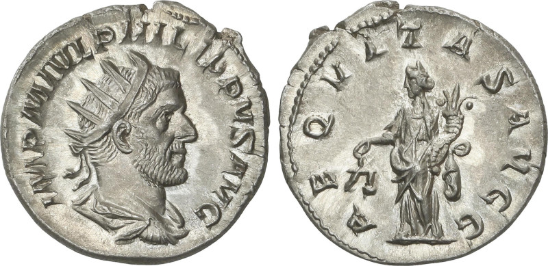 Antoniniano. Acuñada el 244-247 d.C. FILIPO I. Rev.: AEQVITAS AVGG. Equidad en p...