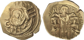 Hyperpyron. (1295-1320 d.C.). ANDRONICO II y MIGUEL IX. CONSTANTINOPLA. Anv.: Busto de la Virgen, alrededor murallas de la ciudad. Rev.: Cristo corona...