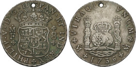 8 Reales. 1736. MÉXICO. M.F. 26,59 grs. Columnario. Con perforación a las 12 h. AC-1445. MBC+/MBC.