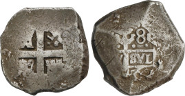 8 Reales. Fecha no visible. POTOSÍ. Y. 26,28 grs. Acuñada entre 1701 y 1724. AC-Tipo 176. BC.