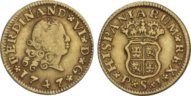 1/2 Escudo. 1747. SEVILLA. P.J. 1,74 grs. (Leves rayitas). AC-569. MBC-/MBC.
