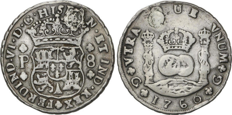 8 Reales. 1760. GUATEMALA. P. 26,75 grs. (Golpes, Perforación reparada). RARA. A...