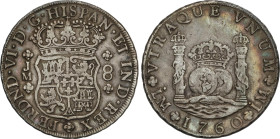 8 Reales. 1760. LIMA. J.M. 26,62 grs. Columnario. Pátina. AC-468. MBC.