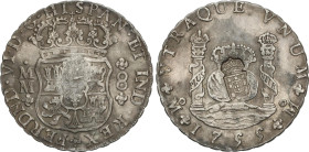 8 Reales. 1755. MÉXICO. M.M. 27,09 grs. Columnario. Resello falso de Portugal en reverso. Pátina irregular. Restos de brillo original. AC-489. EBC.
