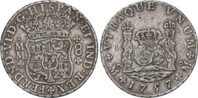 8 Reales. 1757. MÉXICO. M.M. 26,71 grs. Columnario. (Golpecitos). Pátina. AC-493. MBC/MBC-.