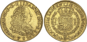 8 Escudos. 1752. LIMA. J. 26,95 grs. (Pequeña grieta en canto y resto de soldadura). AC-765; XC-578. (MBC+).