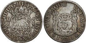 4 Reales. 1770. MÉXICO. M.F. 13,18 grs. Columnario. Pátina irregular. (Golpecitos en canto). ESCASA. AC-883. MBC.