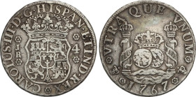 4 Reales. 1767. POTOSÍ. J.R. 13,17 grs. Columnario. MUY ESCASA. AC-921. MBC.