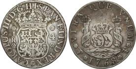 4 Reales. 1768. POTOSÍ. J.R. 13,1 grs. Columnario. (Algo limpiada). MUY ESCASA. AC-923. MBC.