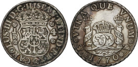 4 Reales. 1770. POTOSÍ. J.R. 13,36 grs. Columnario. Pátina irregular. ESCASA. AC-928. EBC-.