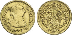 1/2 Escudo. 1777. SEVILLA. C.F. 1,73 grs. (Levísimas rayitas, levemente alabeada). AC-1307. MBC-/MBC.