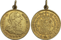 2 Escudos. 1774/3. MADRID. P.J. 6,88 grs. Corrección de fecha visible en la parte superior derecha del 4. Sirvió de joya. Con anilla. (Rayitas en anve...