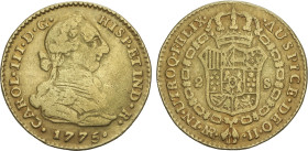 2 Escudos. 1775. NUEVO REINO. J.J. 6,20 grs. (Golpecitos, posiblemente descolgada). AC-1692. MBC-.