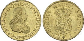 2 Escudos. 1761. POPAYÁN. J. 6,70 grs. Busto de Fernando VI. (Rayitas en reverso). RARA ASÍ. AC-1615; Cal-494. EBC-.
