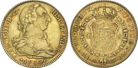 4 Escudos. 1786/2. MADRID. D.V./J.D. 13,45 grs. Corrección de fecha y ensayadores muy visible. AC no la cita. (Acuñación algo floja). MUY ESCASA. AC-1...