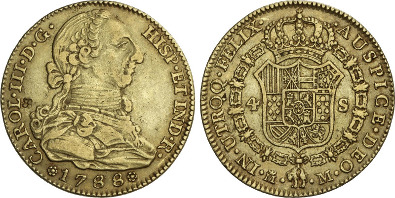 4 Escudos. 1788. MADRID. M. 13,46 grs. Pequeño resello flor de 4 pétalos en anve...