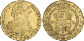 8 Escudos. 1788/78. MADRID. M.I. 24,91 grs. (Pequeña prueba de metal en canto, pequeñas rayitas, hojitas). MUY ESCASA. AC-1974; XC- no cataloga esta s...