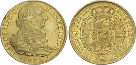 8 Escudos. 1774. POPAYAN. J.S. 26,87 grs. Punto entre los ensayadores. (Pequeñas rayitas). Pequeños restos de brillo original. AC-2040; XC-802. MBC+....