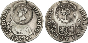 2 Reales. 1808. MADRID. A.I. 5,79 grs. AR. RARA. Resello de Costa Rica 2 Reales (1845). KM-37; AC-619. MBC+.