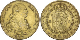 8 Escudos. 1802. MADRID. F.A. 27,06 grs. Platino. FALSA de ÉPOCA en platino. Sin punto detrás FELIX. (Dos golpecitos en anveso, posibles pruebas de me...