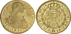 8 Escudos. 1801. POPAYÁN. J.F. 26,82 grs. Restos de brillo original. AC-1674; XC-1064. EBC-.