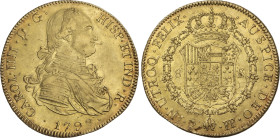 8 Escudos. 1797. POTOSÍ. P.P. 26,89 grs. Restos de brillo original. (Pequeñas rayitas y hojitas en reverso). AC-1703; XC-1096. EBC-.
