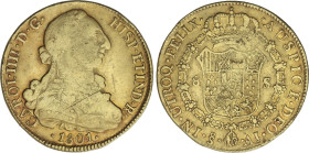 8 Escudos. 1801. SANTIAGO. A.J. 26,85 grs. Busto de Carlos III. Sin punto entre los ensayadores. (Raya en anverso). AC-1769; XC-1170. MBC-.