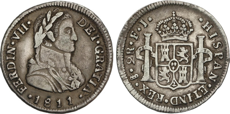 2 Reales. 1811. SANTIAGO. F.J. 6,6 grs. Busto Almirante. Pátina. MUY ESCASA. AC-...