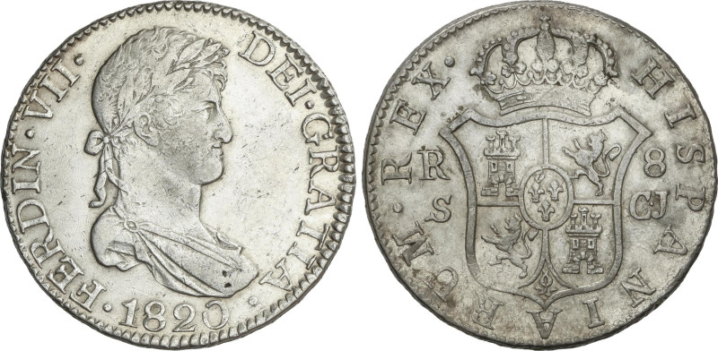 8 Reales. 1820. SEVILLA. C.J. 27,09 grs. (Levemente limpiada). AC-1421. MBC+.