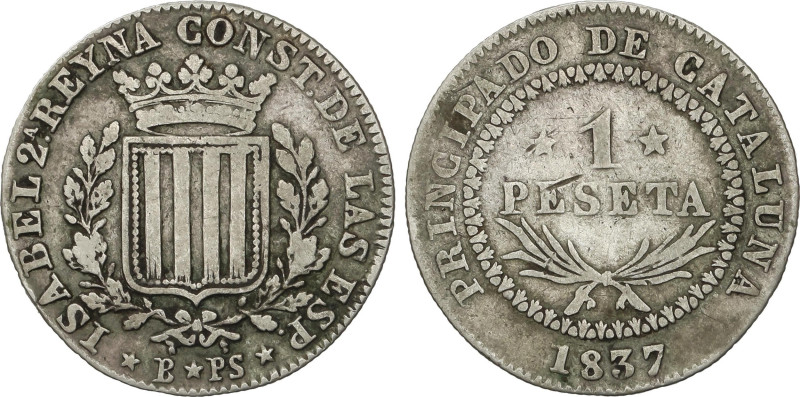 1 Peseta. 1837. BARCELONA. P.S. 5,64 grs. Sin punto entre ensayadores. AC-272. M...