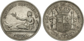 1 Peseta. 1869. S.N.-M. Leyenda: GOBIERNO PROVISIONAL. MBC+.