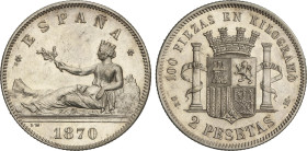 2 Pesetas. 1870 (*18-74). D.E.-M. Restos de brillo original. EBC.