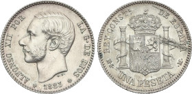 1 Peseta. 1883 (*18-83). M.S.-M. (Levísimas rayitas de limpieza y pequeña hojita en reverso). Ligera pátina irregular. MBC+/EBC-.
